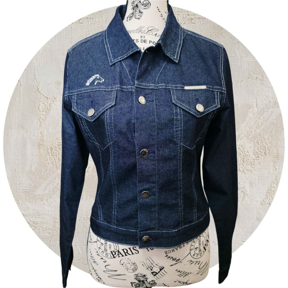 Vintage Jordache Womens Indigo Denim Jacket Western Contrast Stitch Horse Logo